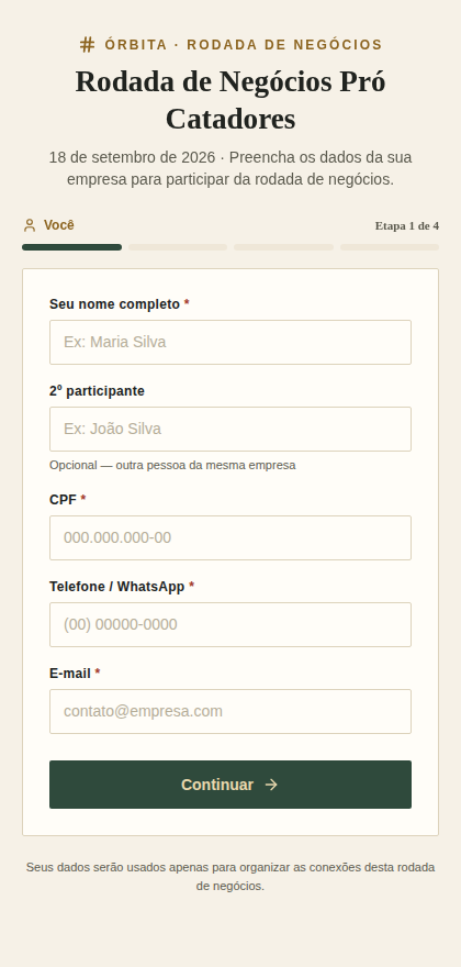 Tela de auto-cadastro no celular, etapa 1 de 4