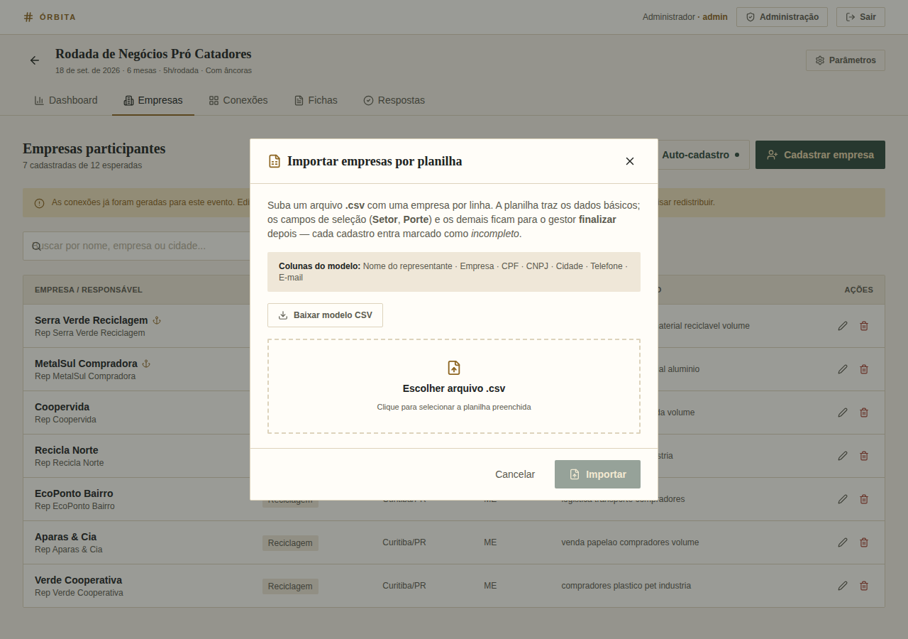Modal de importação de empresas por planilha CSV